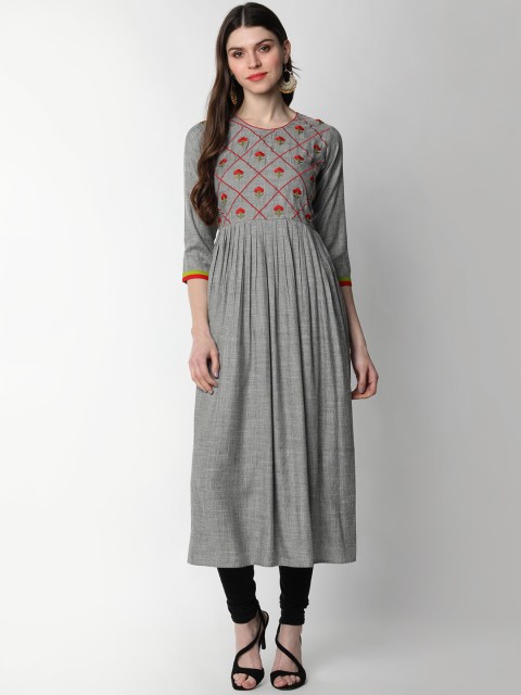 

mokshi Women Grey Yoke Design Thread Work Kurta