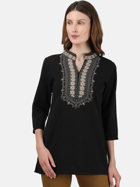 

Monte Carlo Black Embroidered Mandarin Collar Regular Top