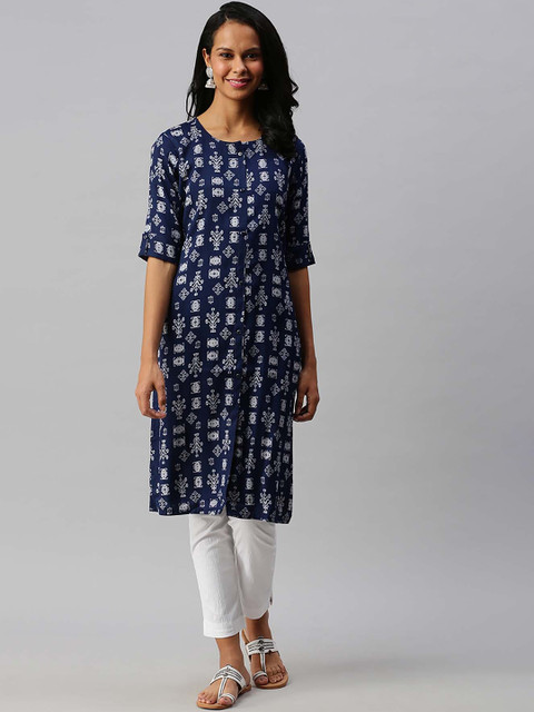 

Soch Women Navy Blue & White Geometric Printed Cotton Kurta