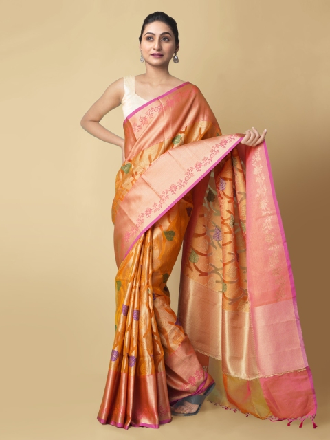 

Unnati Silks Orange Silk Cotton Woven Design Handloom Banarasi Saree