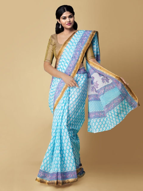 

Unnati Silks Cream-Coloured Pure Cotton Checked Dabu Sustainable Saree