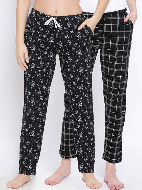 

Kanvin Women Pack of 2 Printed Pure Cotton Lounge Pants, Black