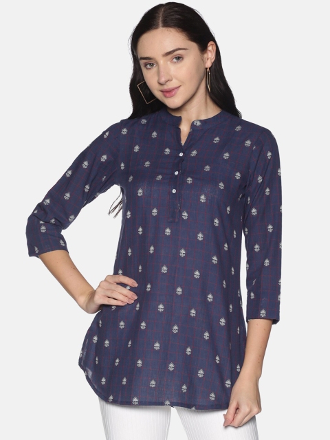 

Saffron Threads Navy Blue & White Checked Mandarin Collar Cotton Tunic