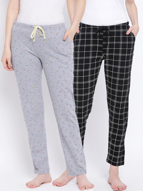 

Kanvin Women Pack of 2 Printed Pure Cotton Lounge Pants, Black