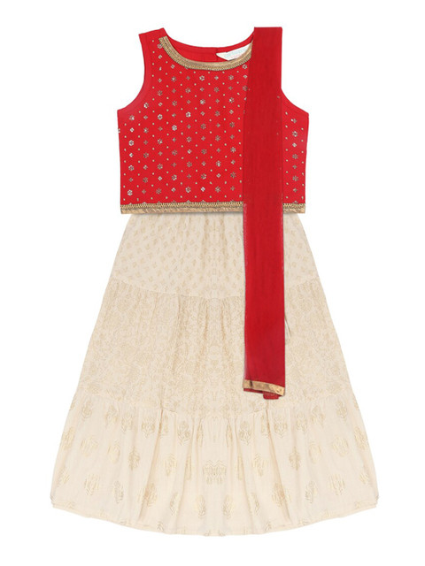 

AKKRITI BY PANTALOONS Girls Red & Cream-Coloured Embellished Ready to Wear Lehenga & Blouse with Dupatta