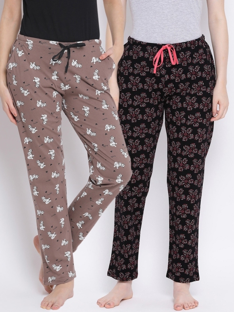 

Kanvin Women Pack Of 2 Printed Pure Cotton Lounge Pants, Brown