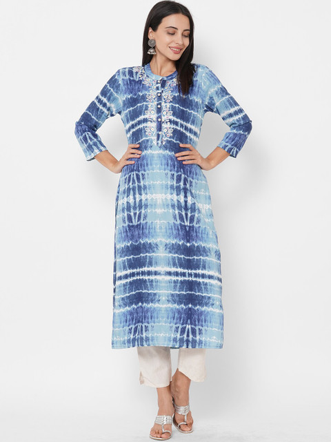 

FASHOR Women Blue Embroidered Angrakha Floor Length Anarkali Pure Cotton Kurti & Skirt