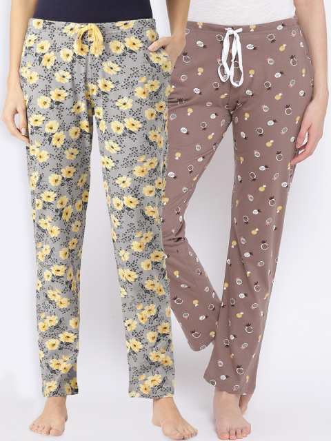 

Kanvin Women Pack Of 2 Printed Pure Cotton Lounge Pants, Brown