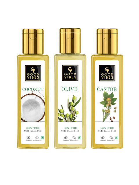 

Good Vibes Set of 3 100% Pure Carrier Oil Cold Pressed - Olive, Castor & Coconut, Transparent