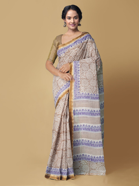 

Unnati Silks Cream-Coloured Pure Cotton Printed Handloom Dabu Sustainable Saree
