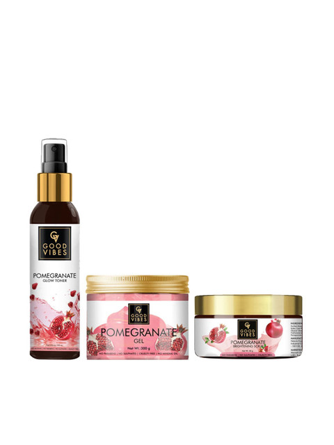 

Good Vibes Set of 3 Pomegranate Skin Care - Face Scrub, Toner and Gel, Transparent
