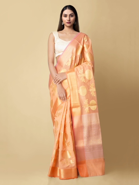 

Unnati Silks Pink Silk Cotton Woven Design Banarasi Sustainable Saree