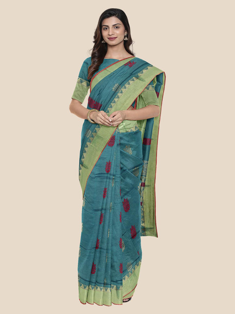 

Kalamandir Teal Blue & Maroon Silk Cotton Woven Design Mangalagiri Saree