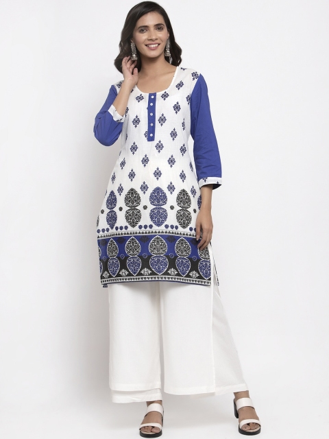 

Kiaasa Women White & Navy Blue Paisley Printed Cotton Kurta