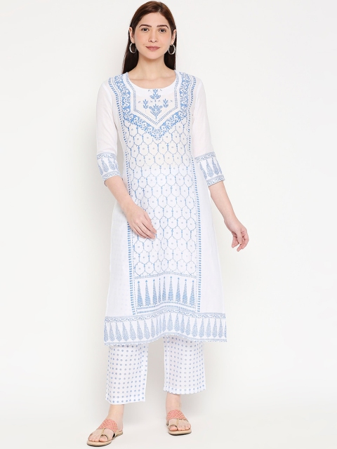 

ZRI Women White Printed Regular A-Line Pure Cotton Kurta & Trousers With Dupatta