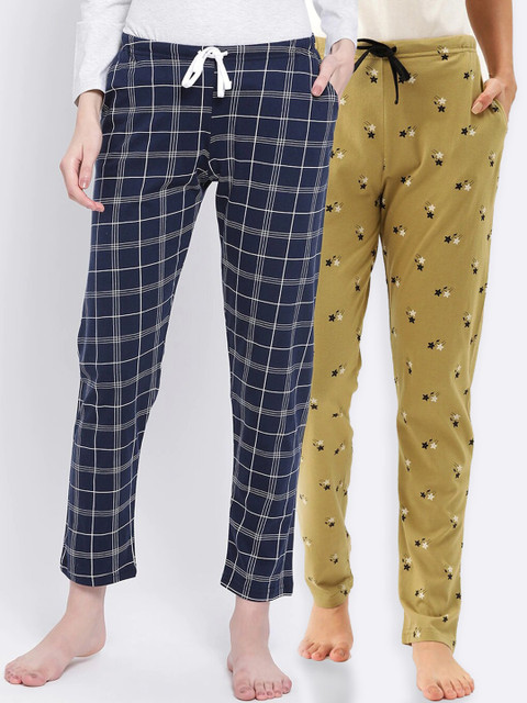 

Kanvin Women Pack of 2 Printed Pure Cotton Lounge Pants, Navy blue