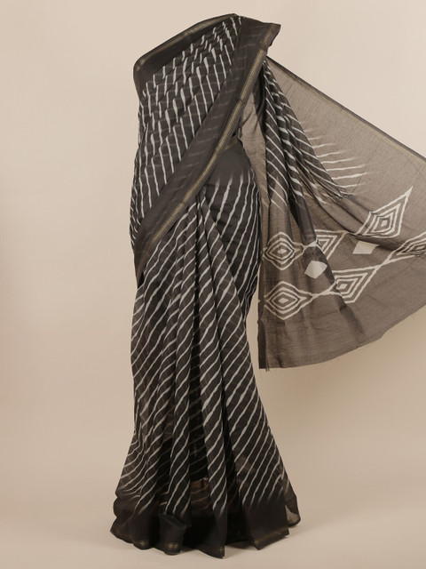 

Pothys Grey & White Jute Silk Striped Saree