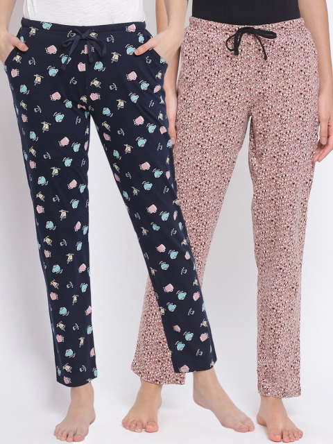 

Kanvin Women Pack Of 2 Printed Pure Cotton Lounge Pants, Navy blue