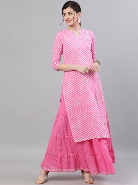 

Ishin DESIGNER STUDIO Women Pink & White Leheriya Gotta Patti Kurta & Skirt Set