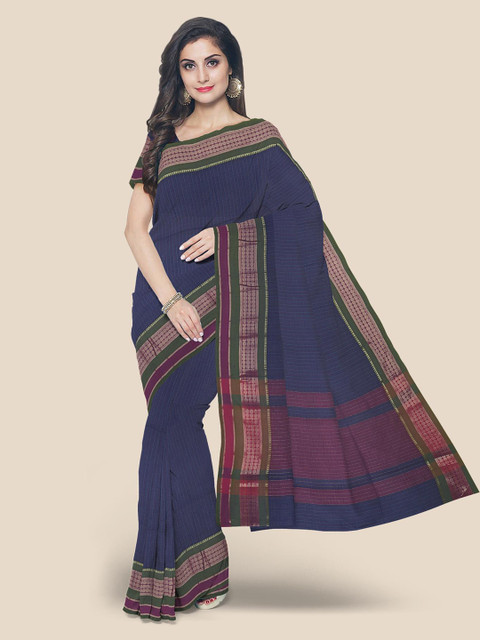 

Kalamandir Navy Blue & Pink Pure Cotton Striped Mangalagiri Saree