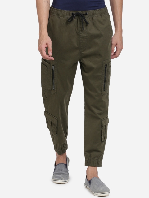 

Breakbounce Men Olive Green Solid Slim Fit Cargo Joggers