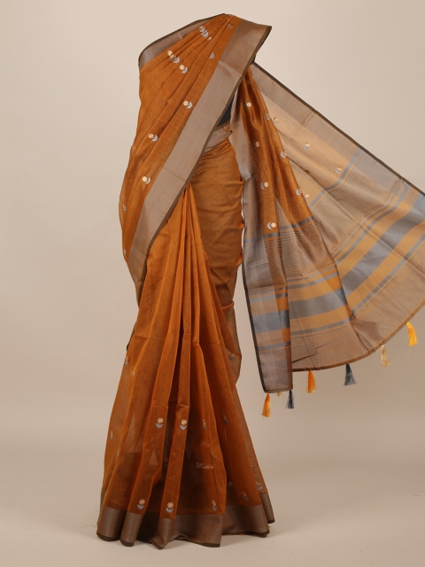 

Pothys Rust Brown & Grey Jute Silk Floral Embroidered Saree