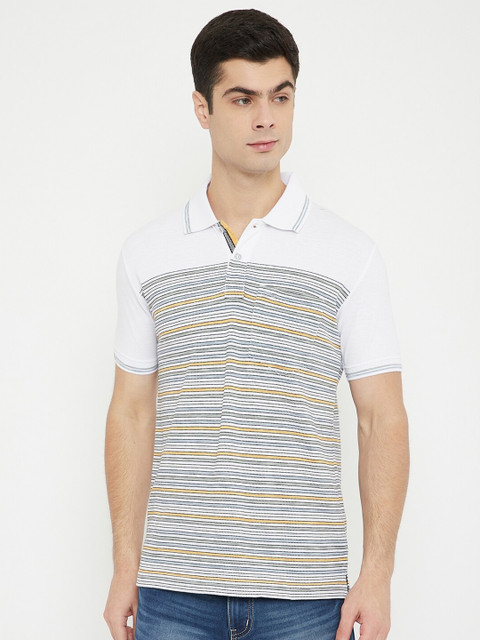 

Duke Men White & Grey Striped Cotton Polo Collar T-shirt