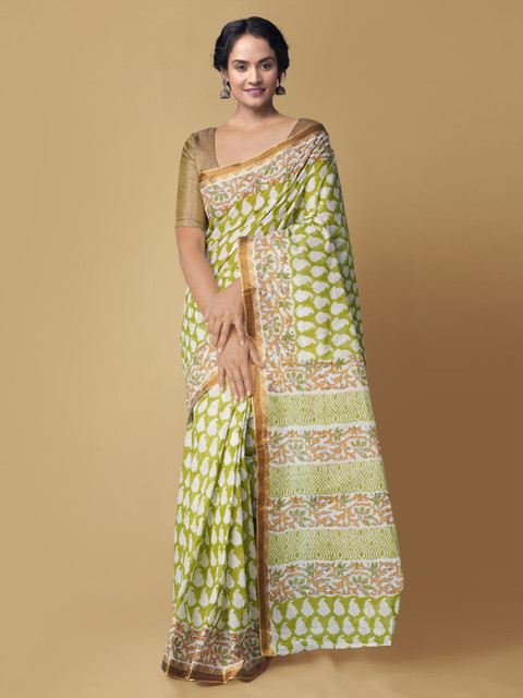 

Unnati Silks Green Pure Cotton Checked Dabu Saree