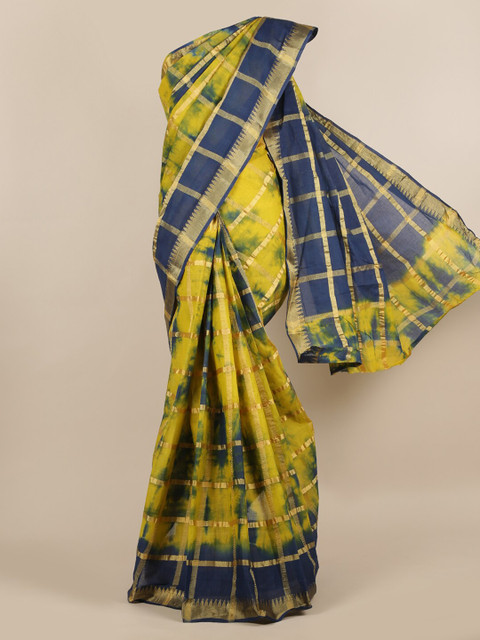 

Pothys Yellow & Navy Blue Pure Cotton Checked Saree