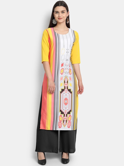 

Ethnic basket Women Yellow & Off White Printed Straight Kurta