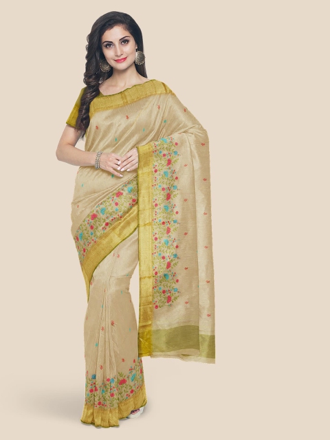 Kalamandir Cream-Coloured Embroidered Silk Cotton Saree