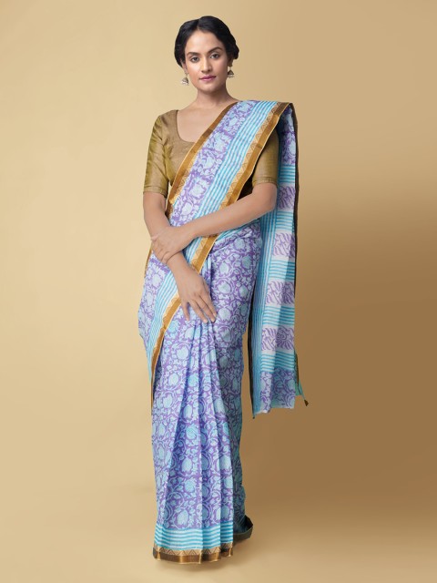 

Unnati Silks Blue & Purple Pure Cotton Pure Hand Block Printed Handloom Dabu Saree