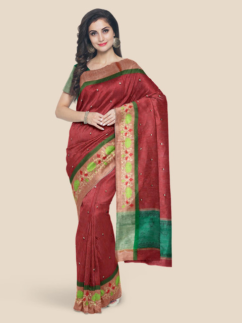 

Kalamandir Maroon & Green Silk Cotton Woven Design Saree