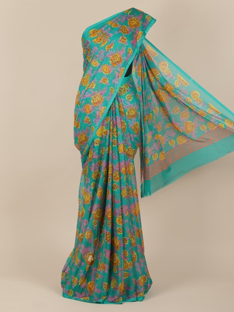 

Pothys Turquoise Blue & Yellow Poly Chiffon Floral Printed Saree
