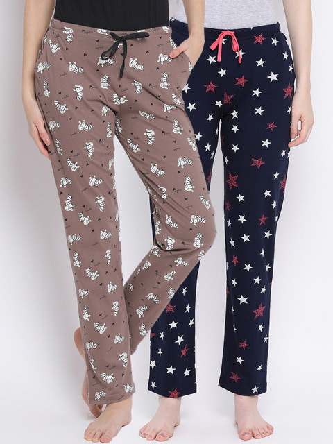 

Kanvin Women Pack Of 2 Printed Pure Cotton Lounge Pants, Brown