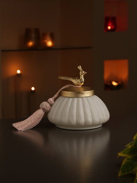

Amoliconcepts White & Gold-Toned Decorative Glass Jar With Peacock Knob Lid
