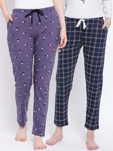 

Kanvin Women Pack of 2 Printed Pure Cotton Lounge Pants, Navy blue