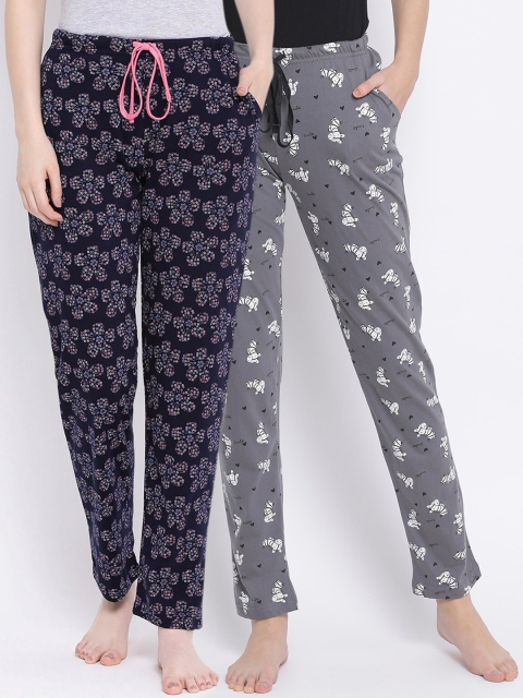 

Kanvin Women Pack of 2 Printed Pure Cotton Lounge Pants, Grey