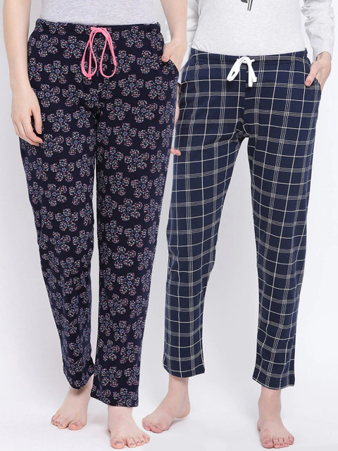 

Kanvin Women Pack Of 2 Printed Pure Cotton Lounge Pants, Navy blue