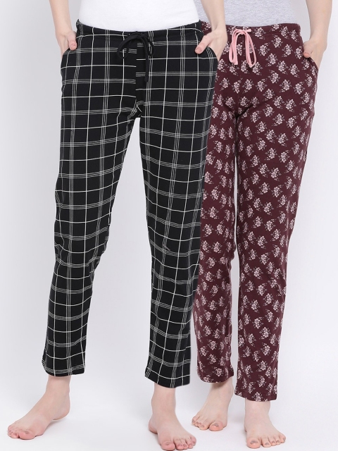 

Kanvin Women Pack of 2 Printed Pure Cotton Lounge Pants, Black
