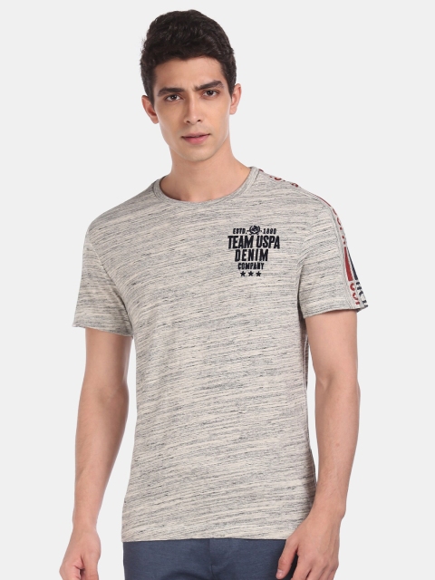 

U.S. Polo Assn. Men Beige & Black Printed Pure Cotton T-shirt with Melange Effect