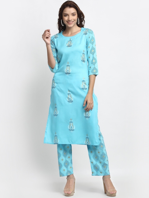 

ANAISA Women Blue Floral Printed Regular Straight Kurta & Trousers with Bead Work