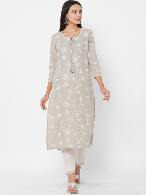 

FASHOR Women Grey & White Floral Printed Regular Straight Kurta & Trousers