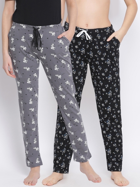 

Kanvin Women Pack Of 2 Printed Pure Cotton Lounge Pants, Grey