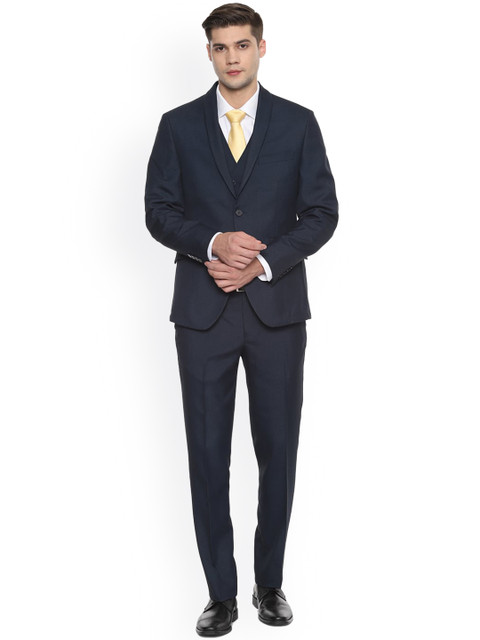 

V Dot Men Navy-Blue Self Design Slim-Fit Single-Breasted Formal Suit
