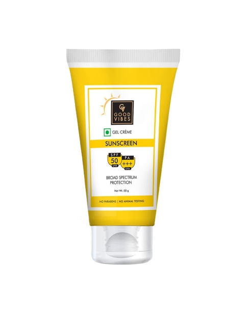 

Good Vibes SPF 50 PA +++ UVA & UVB Protection Broad Spectrum Gel Creme Sunscreen 50 g, Transparent