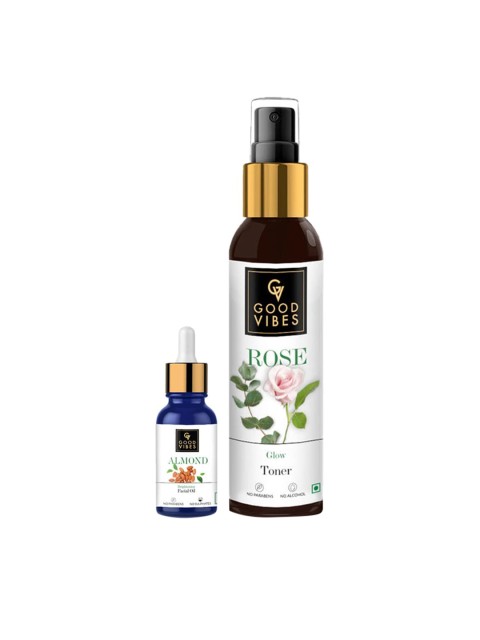 

Good Vibes Rose Glow Toner & Almond Skin Brightening Facial Oil Combo 130 ml, Transparent