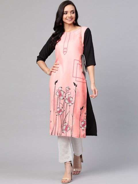 

KSUT Women Peach-Coloured Quirky Printed Keyhole Neck Thread Work Satin Kurta