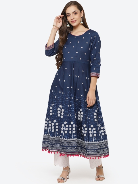 

Rangriti Women Navy Blue & White Floral Printed Thread Work Anarkali Cotton Kurta