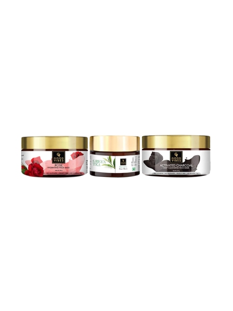 

Good Vibes Set of 3 Face Masks - Activated Charcoal, Rose & Green Tea - 50 g each, Transparent